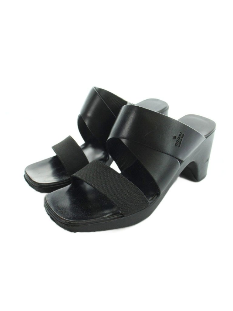 Gucci Sandals Square Toe Leather Logo Chunky Heels 36.5 Black